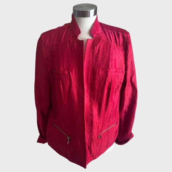 Chico's Size 2 Jacket Large Red Full Zip Rayon Polyester Nylon - Picture 1 of 10
